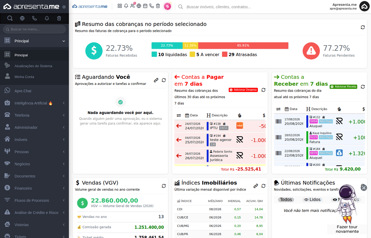Navegação até as configurações gerais do financeiro