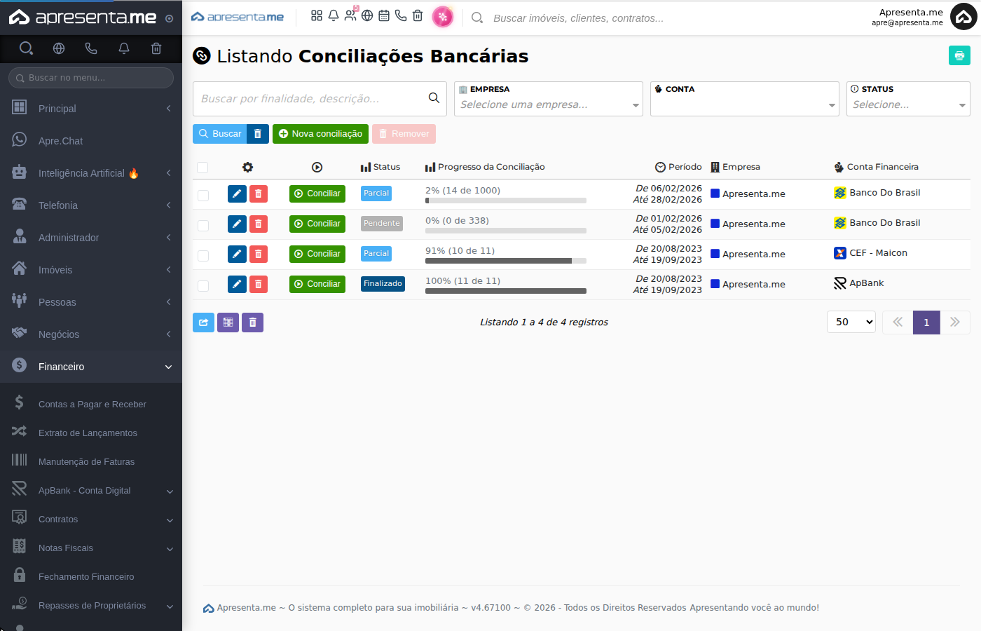 Tela de listagem de conciliações bancárias