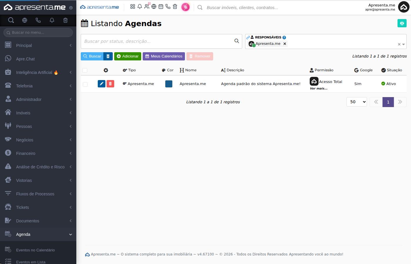 Tela de listagem de agendas