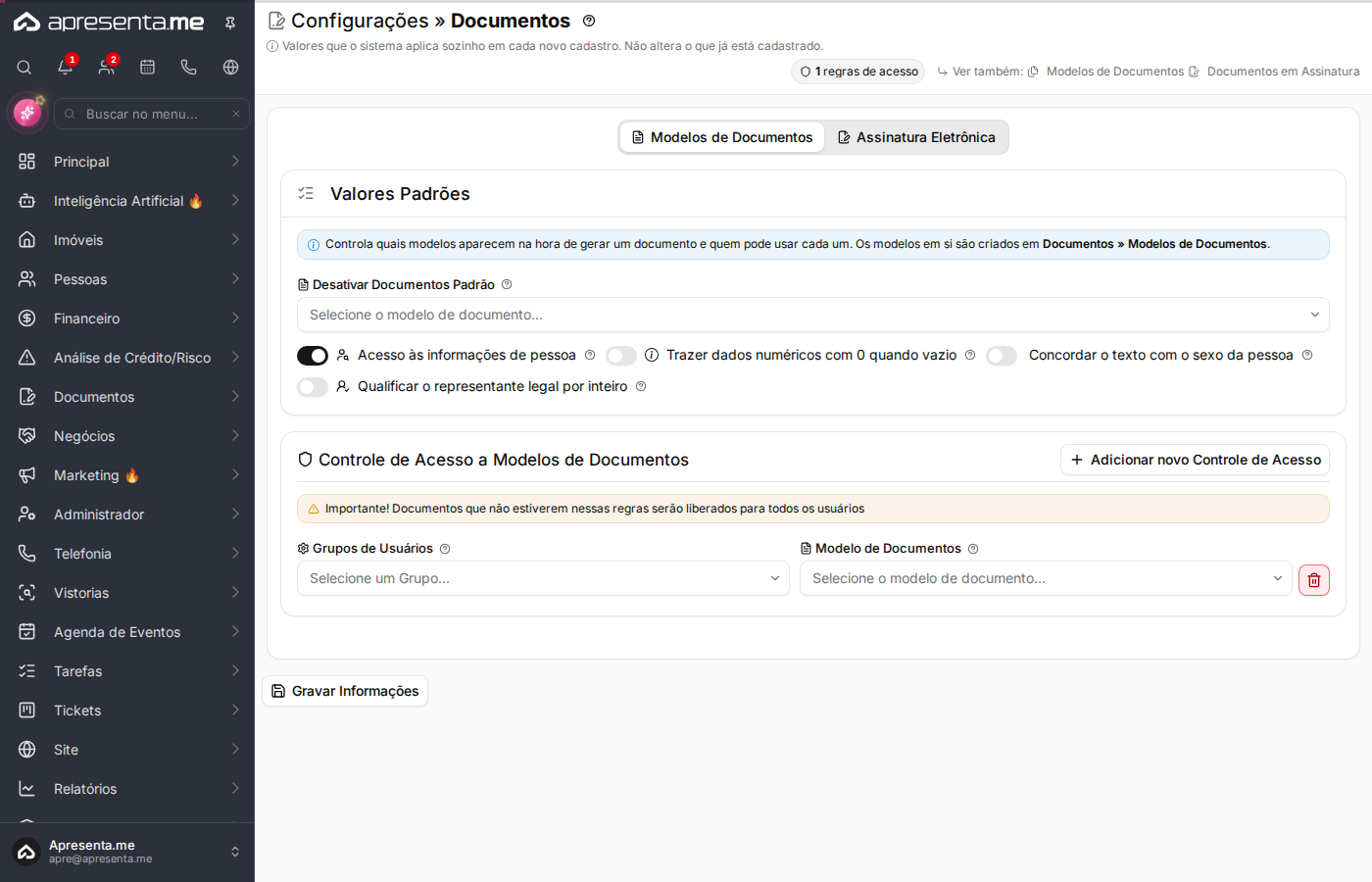 Formulário de configuração de documentos