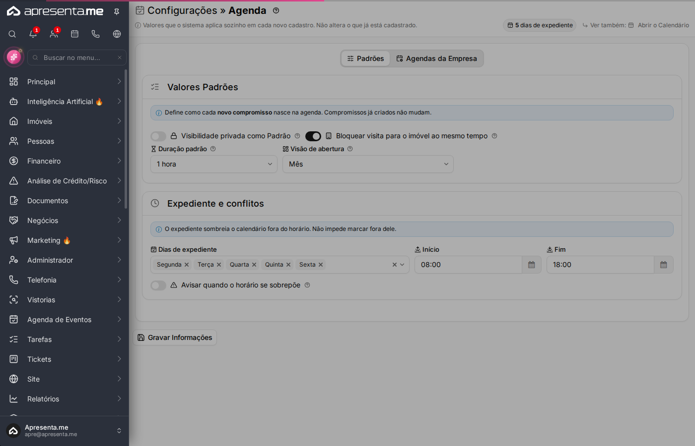 Tela de configuração de agenda
