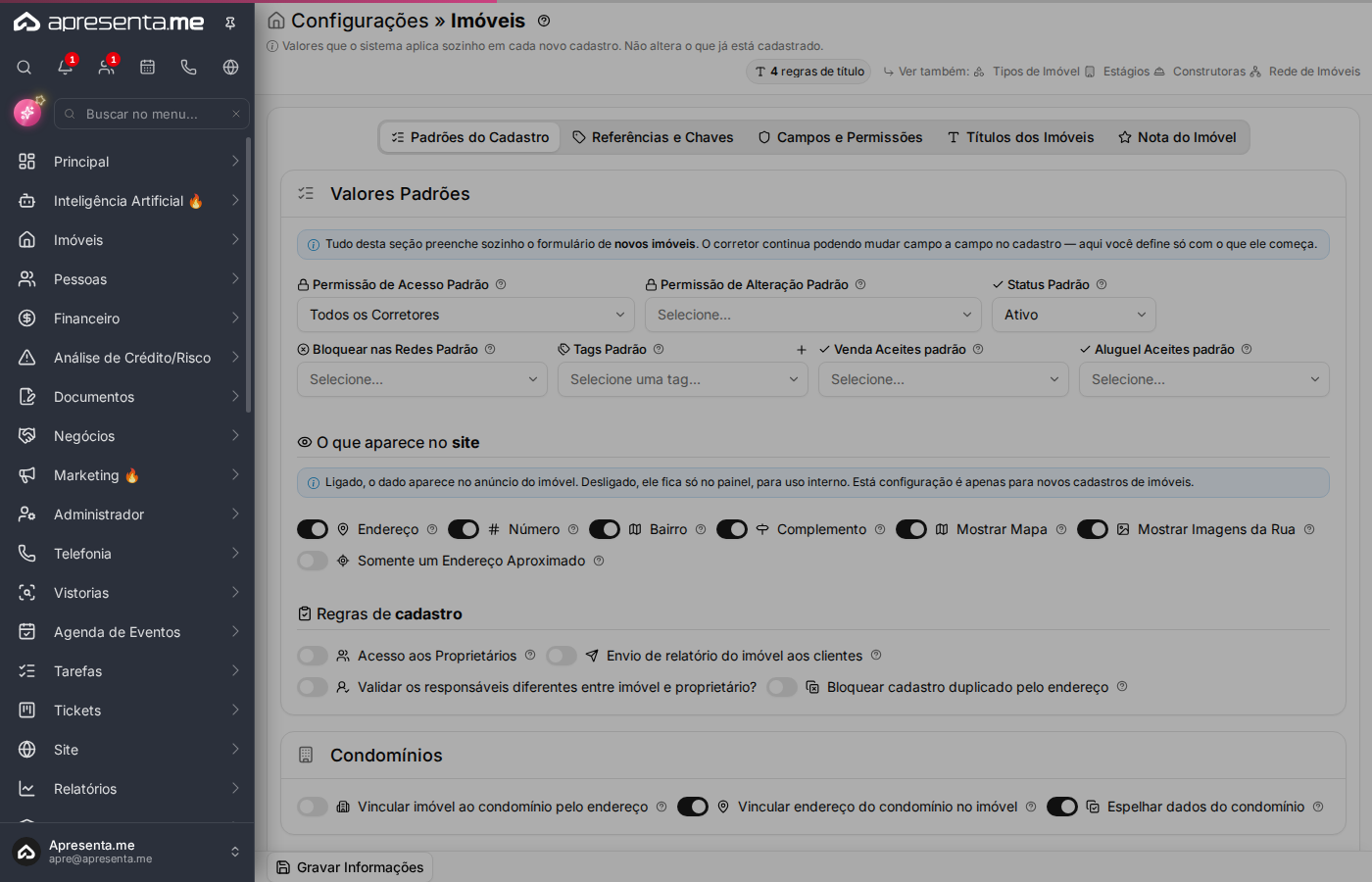 Seção de regras de cadastro