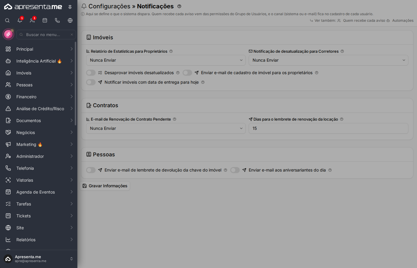 Tela inicial de notificações