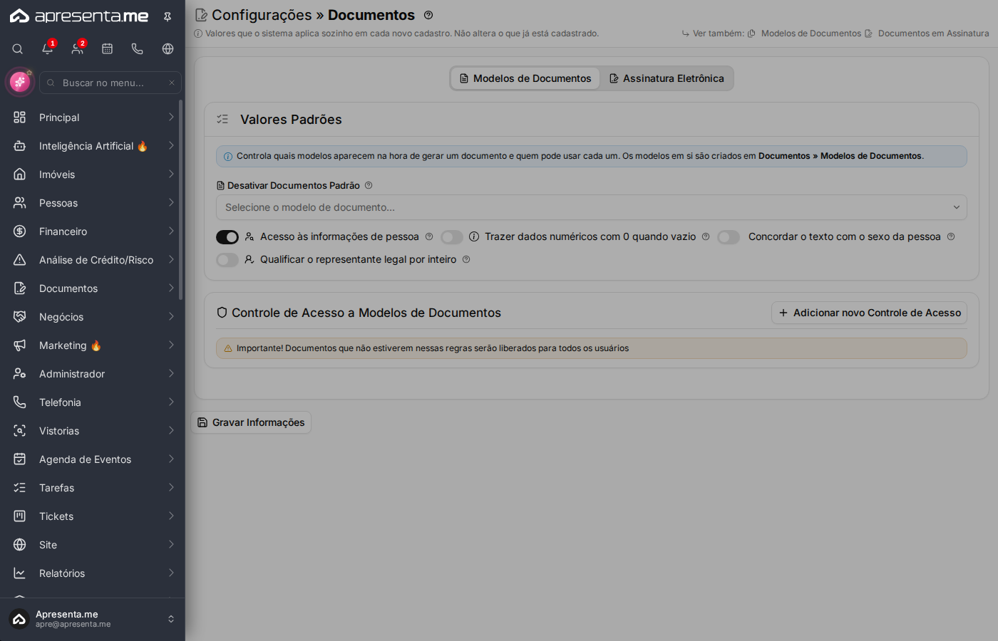 Tela inicial de configuração de documentos