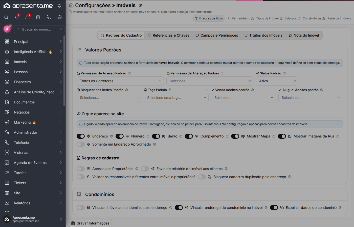 Tela de configuração da rede de imóveis