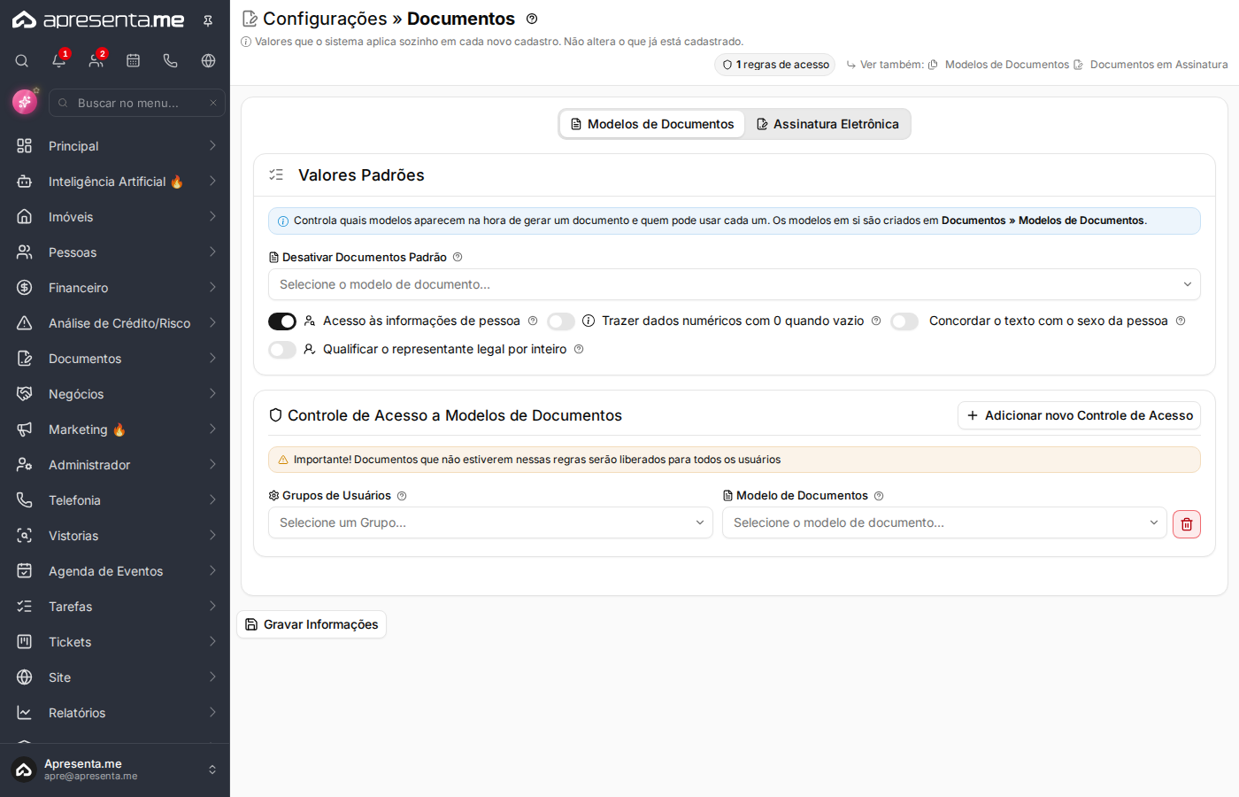 Seção de controle de acesso a modelos de documentos