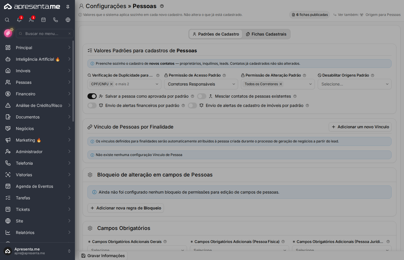 Tela inicial de configurações de pessoas