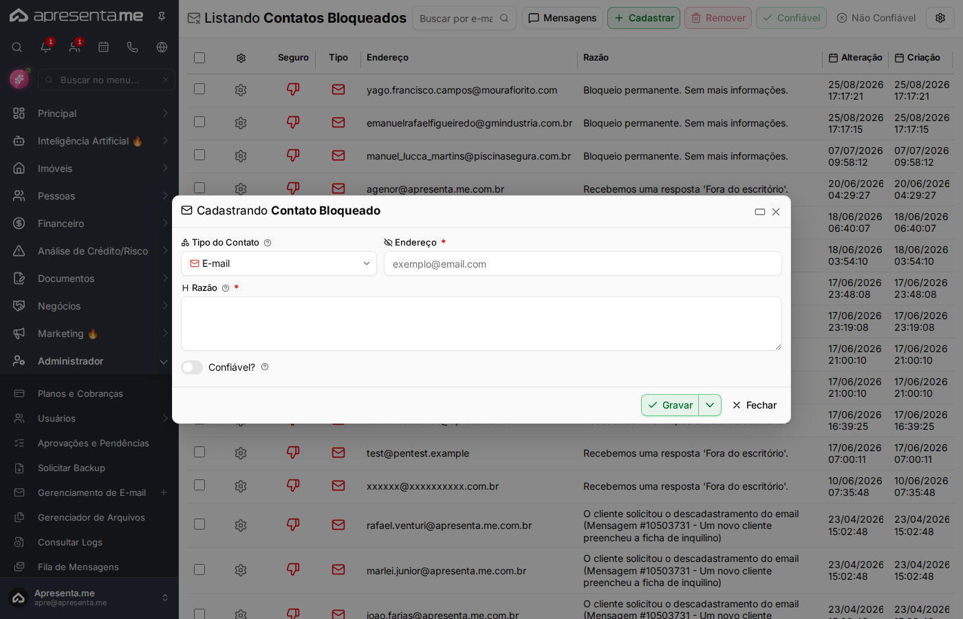 Formulário de cadastro de contato bloqueado