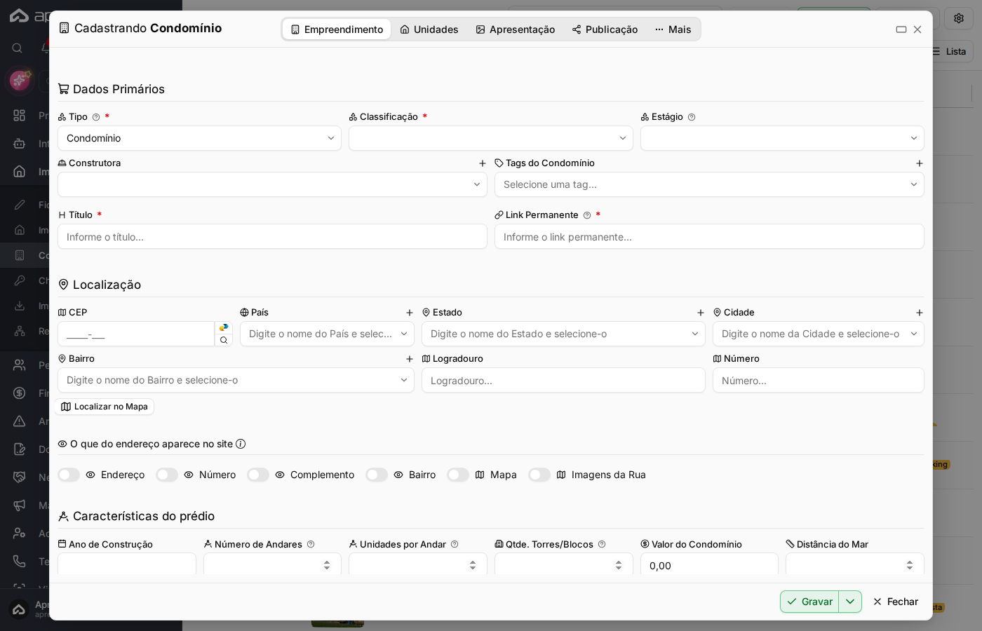 Seção de exibição do endereço e demais configurações do formulário
