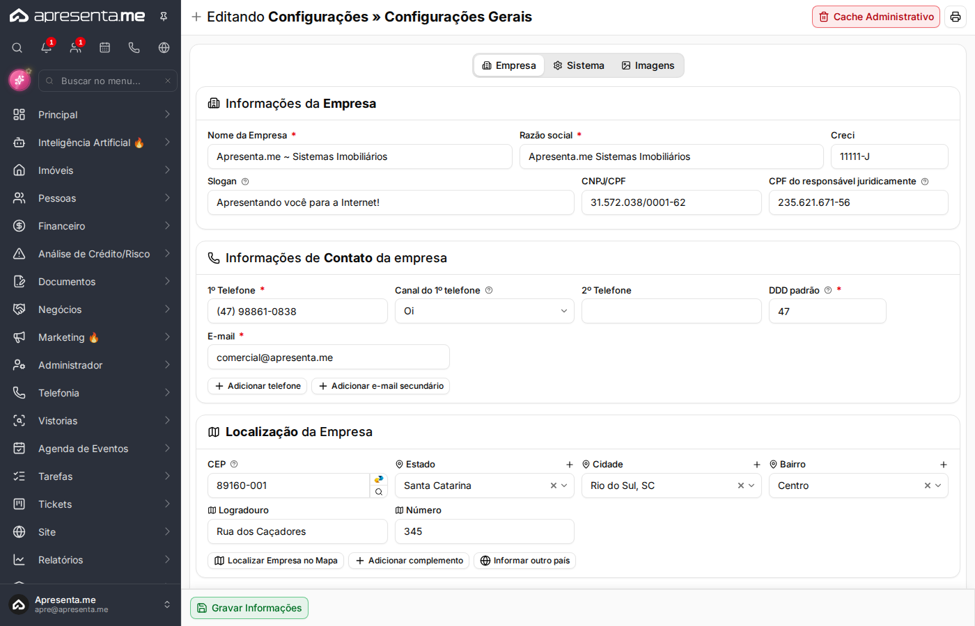 Campos de contato da empresa