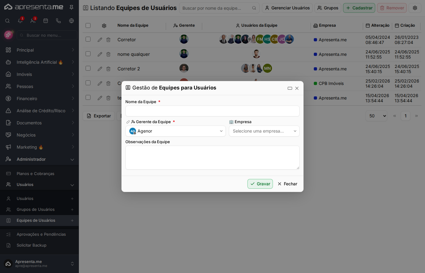 Formulário de cadastro de equipe, parte inferior