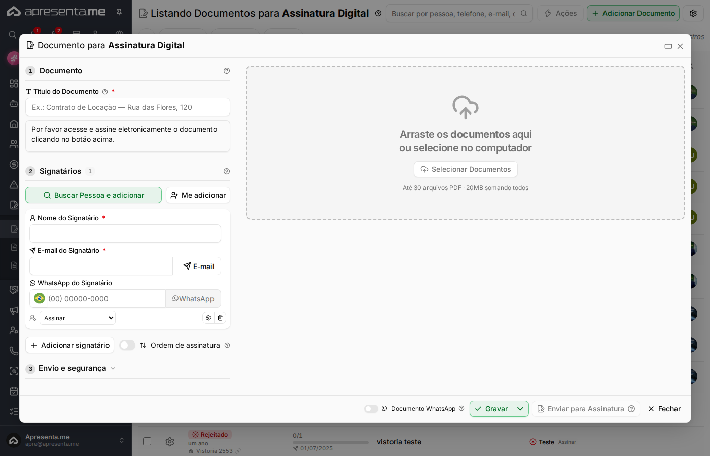 Formulário de cadastro de documento para assinatura