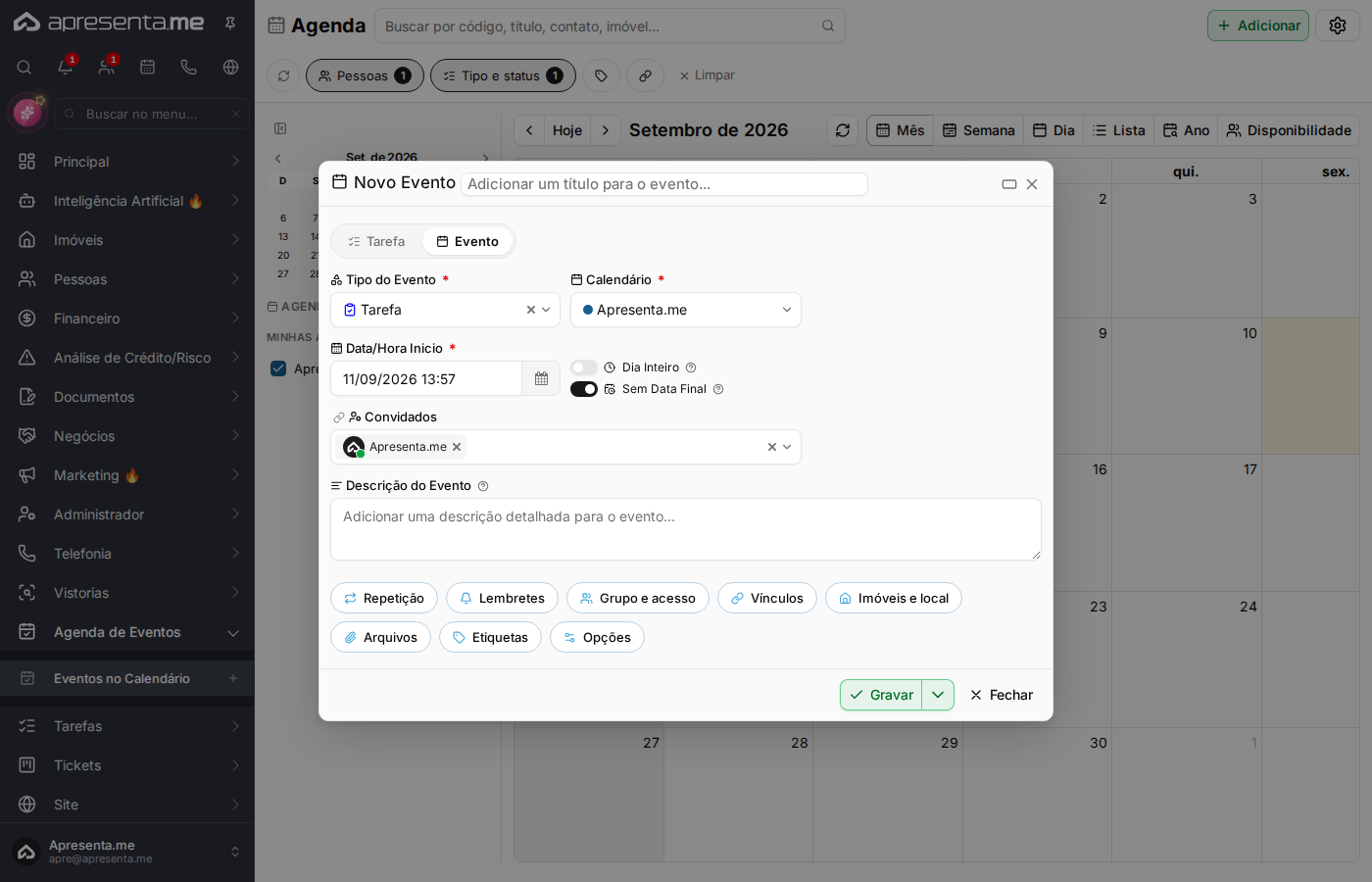 Formulário de cadastro de evento