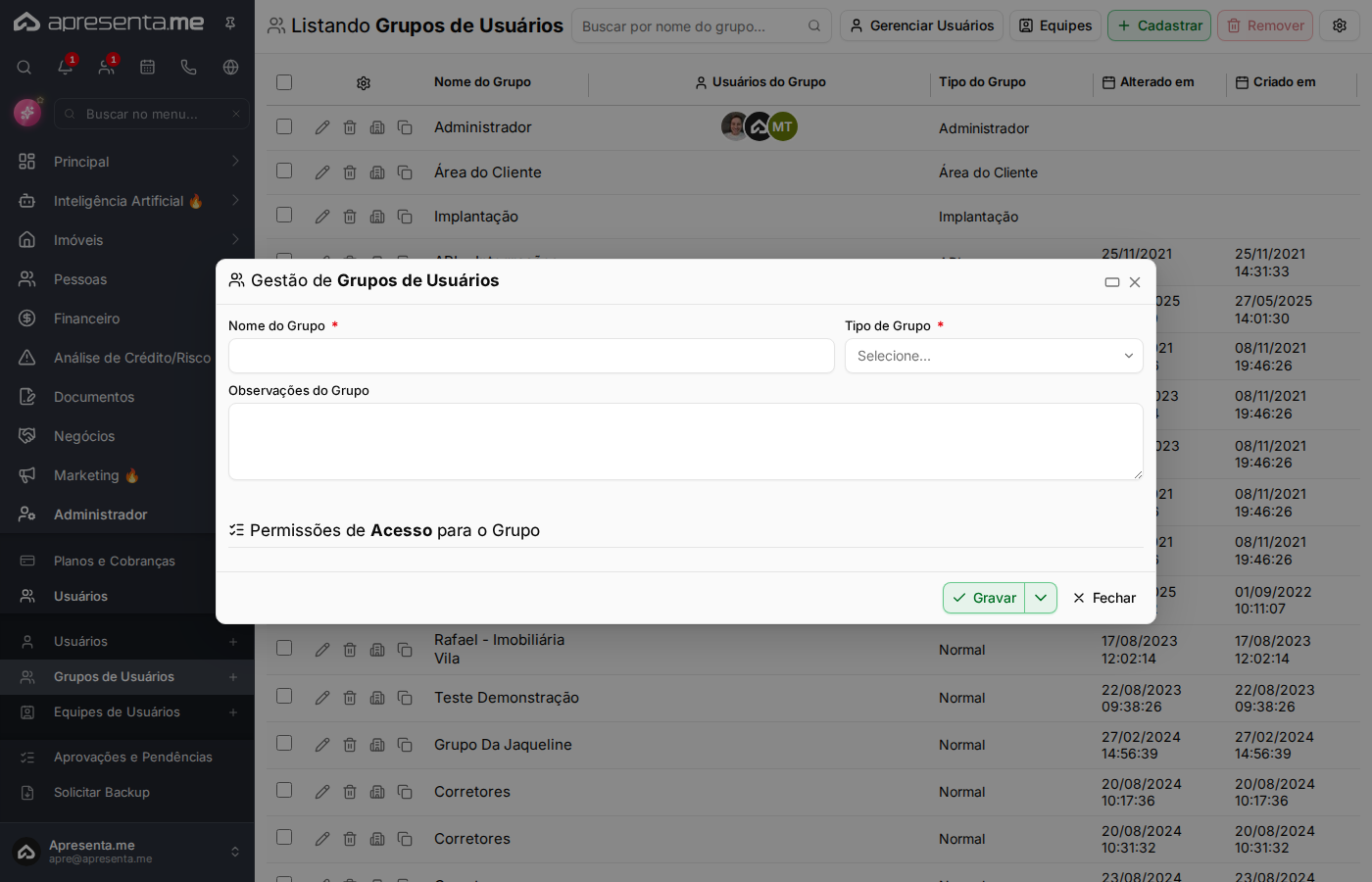 Configuração de permissões do grupo