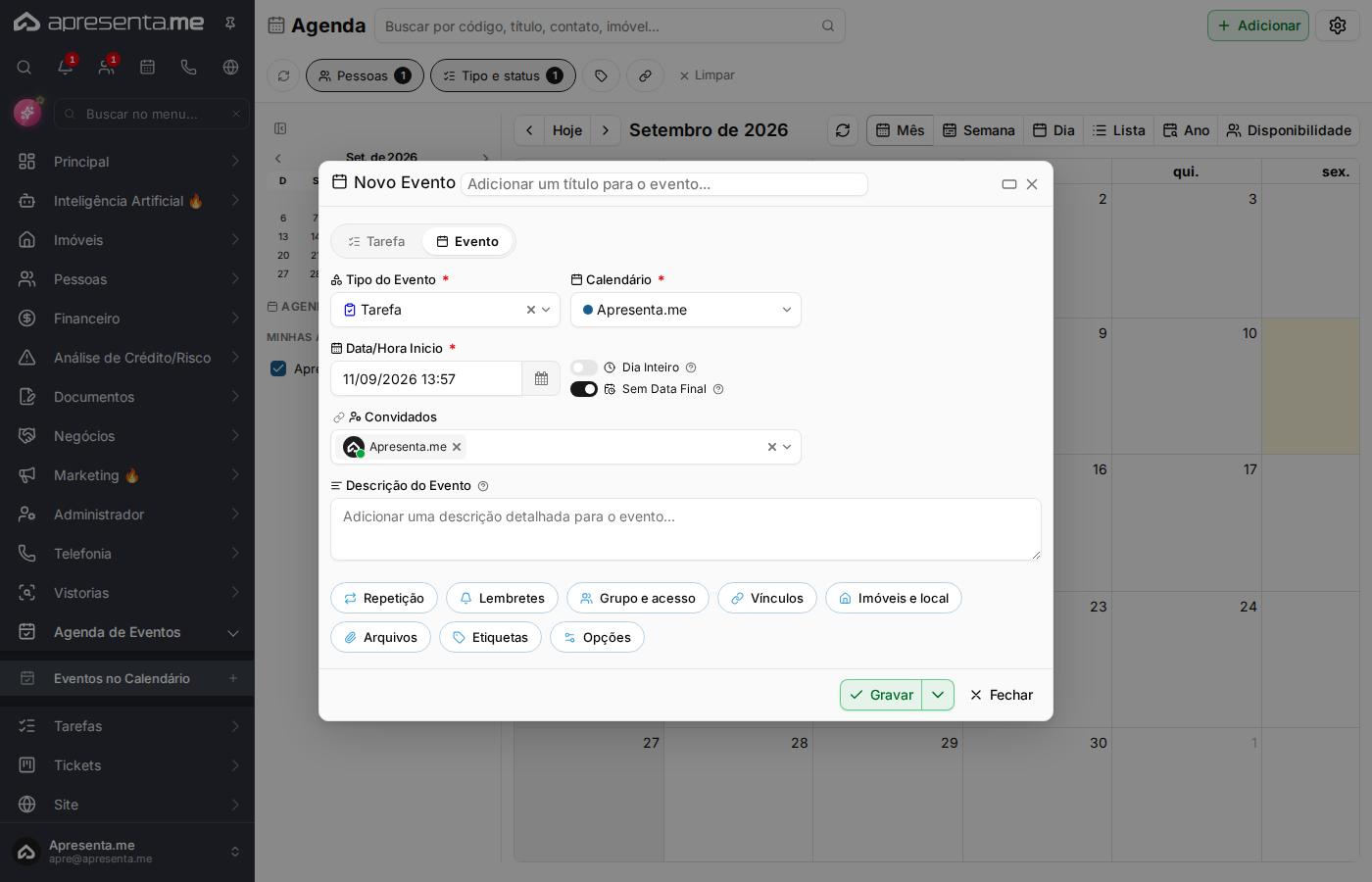 Parte inferior do formulário de cadastro de evento