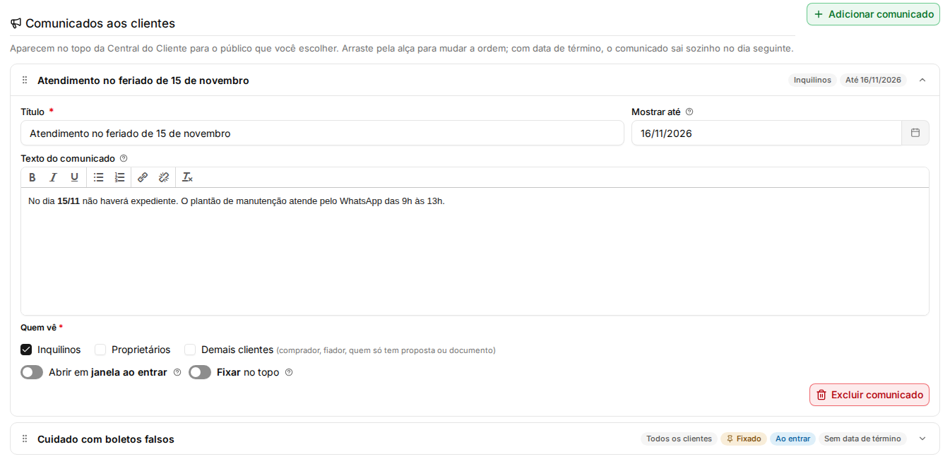 Bloco Comunicados aos clientes com dois comunicados: um só para inquilinos, com data de término, e outro fixado e abrindo ao entrar