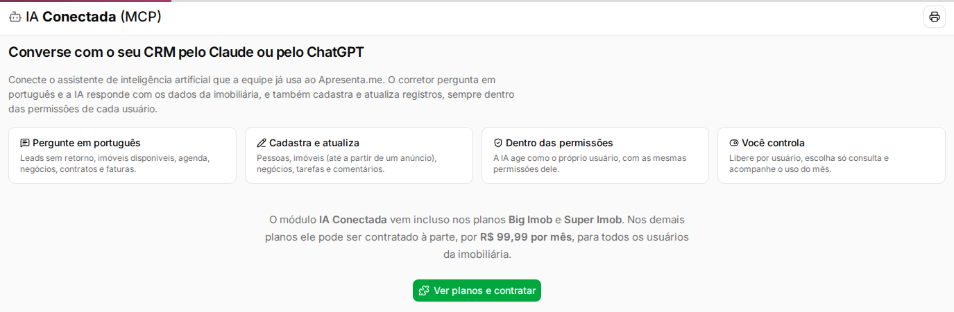 Tela IA Conectada com o endereço do conector, o botão Copiar e o passo a passo de conexão