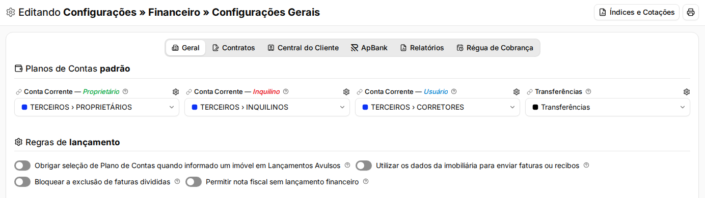 Configurações Gerais do Financeiro com a opção Permitir nota fiscal sem lançamento financeiro