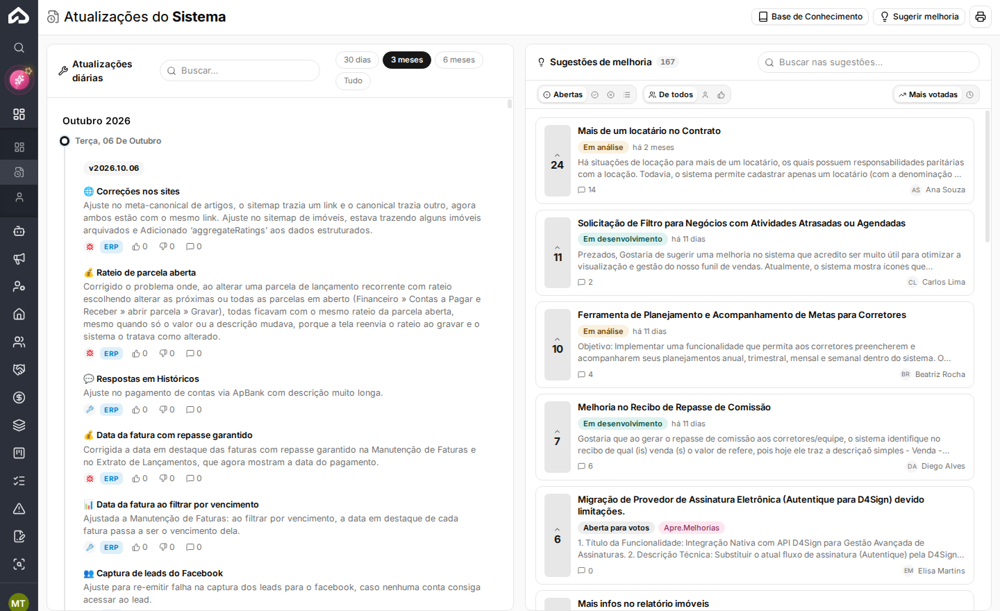 Tela Atualizações do Sistema com a coluna Sugestões de melhoria à direita (nomes de exemplo)