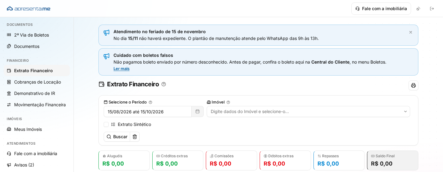 Central do Cliente com dois comunicados no topo e o botão Fale com a imobiliária