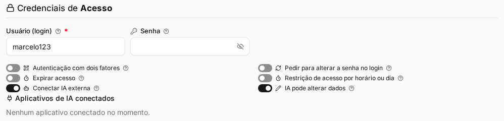 Cadastro do usuário com os interruptores Conectar IA externa e IA pode alterar dados