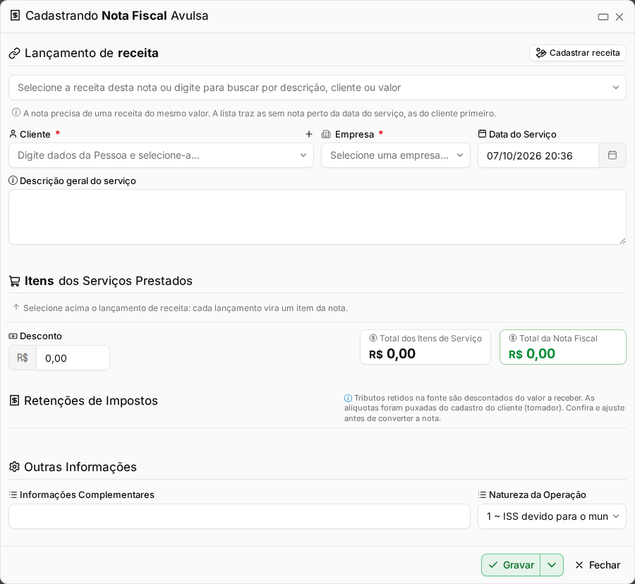Janela de NFS Avulsa com o bloco Lançamento de receita no topo
