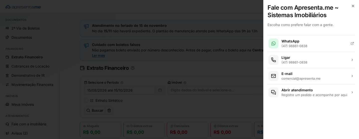 Painel Fale com a imobiliária aberto na Central, com WhatsApp, Ligar, E-mail e Abrir atendimento