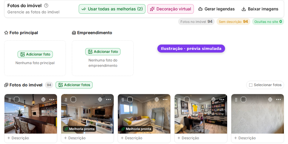 Aba Mídia com fotos marcadas Melhoria pronta e o botão Usar todas as melhorias (ilustração com prévia simulada)