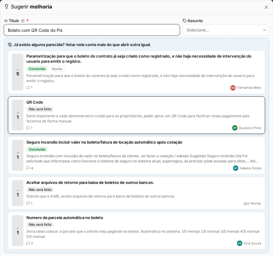 Janela Sugerir melhoria mostrando sugestões parecidas enquanto o título é digitado (nomes de exemplo)