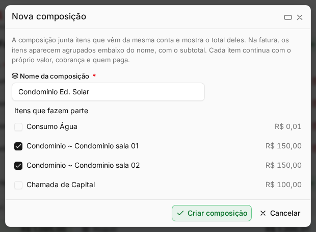 Itens Adicionais do contrato com o botão Nova Composição