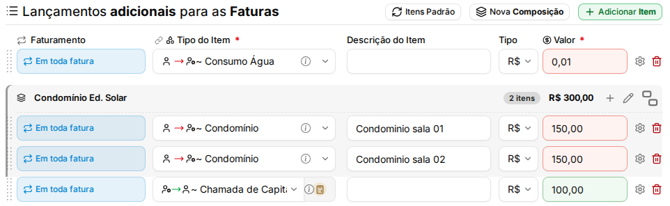 Composição Condomínio com os itens agrupados e o subtotal