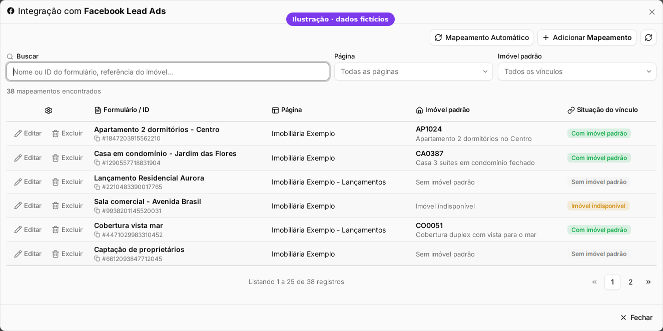 Lista de formulários do Facebook com busca, filtros e a coluna Situação do vínculo (ilustração com dados fictícios)