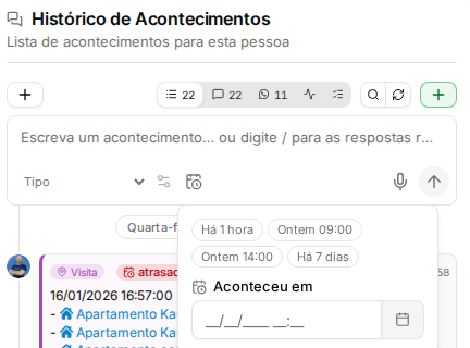 Caixa de escrever do histórico com o seletor Data do acontecimento aberto e as sugestões de data