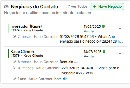 Quadro Negócios do Contato com o último acontecimento de cada negócio e um negócio expandido