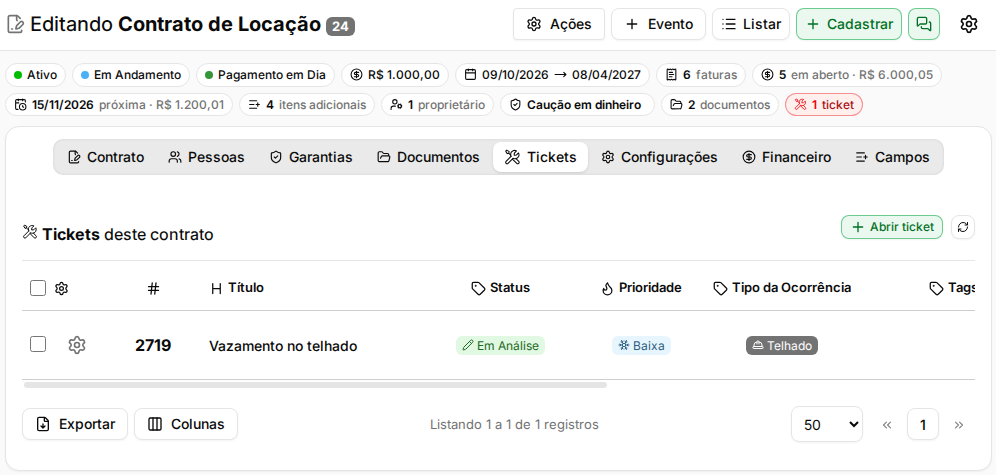 Aba Tickets do contrato com a lista Tickets deste contrato e o botão Abrir ticket