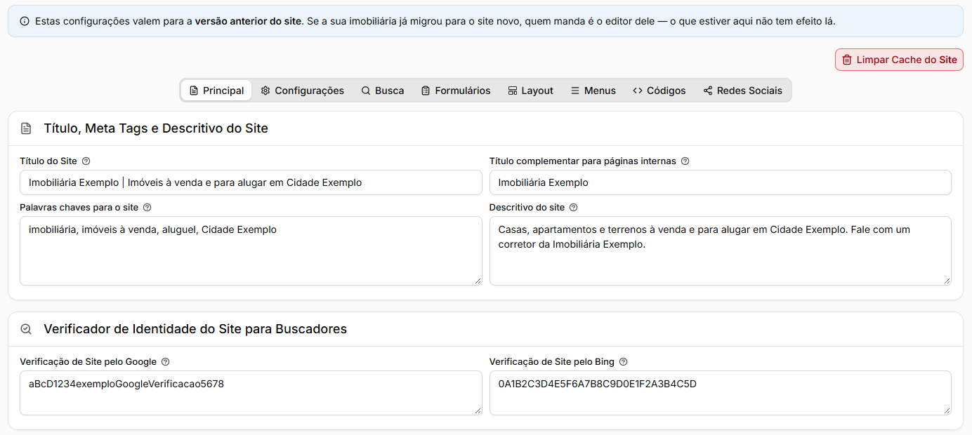 Aba Principal com os quadros Título, Meta Tags e Descritivo do Site e Verificador de Identidade do Site para Buscadores
