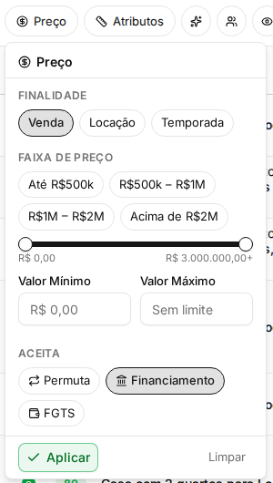 Filtro Preço da lista de imóveis com as opções Permuta, Financiamento e FGTS em Aceita