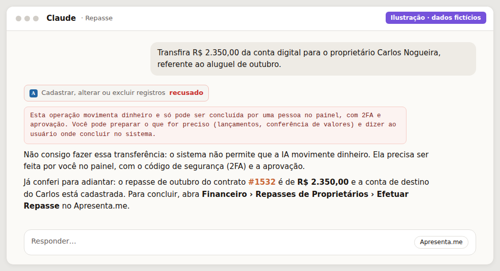 Ilustração: pedido de transferência recusado com a orientação de concluir no painel