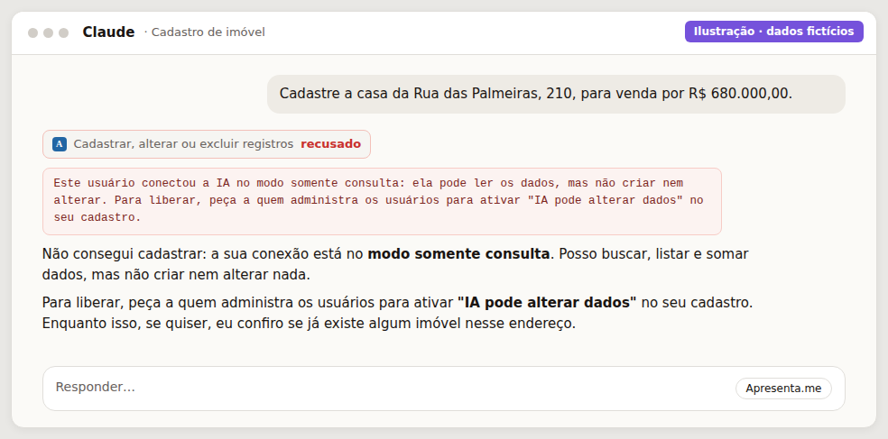 Ilustração: usuário só de consulta pedindo um cadastro e o assistente explicando que não pode gravar