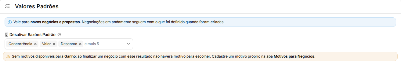 Janela de finalização do negócio com o aviso de nenhum motivo disponível