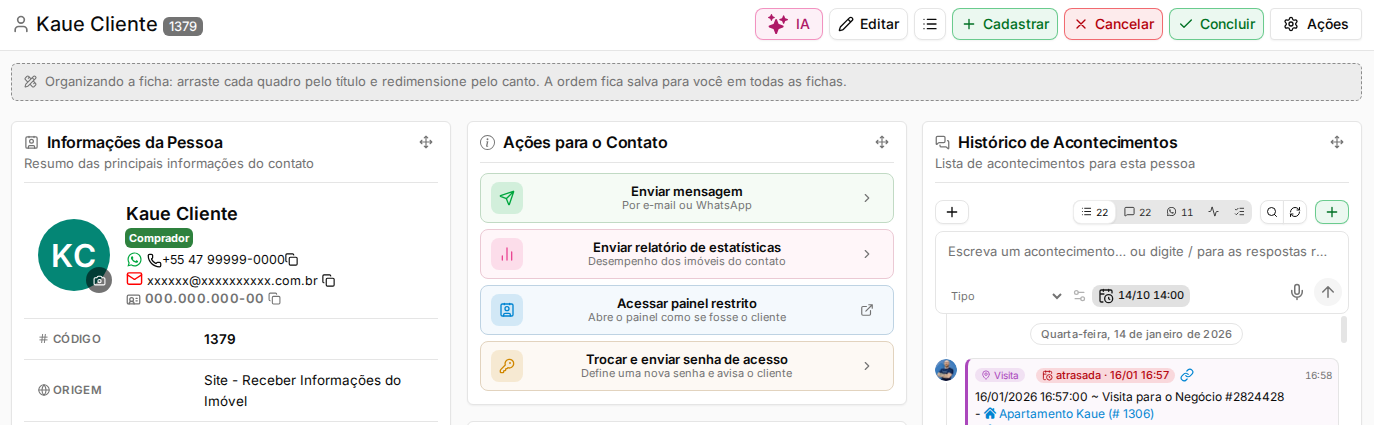 Perfil da pessoa no modo de organização, com os botões Cancelar e Concluir