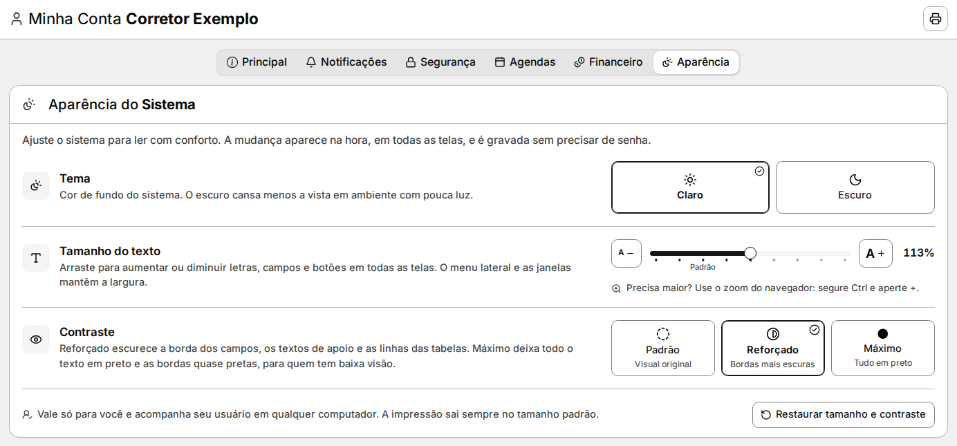 Minha Conta, aba Aparência, com o texto em 113% e o contraste Reforçado