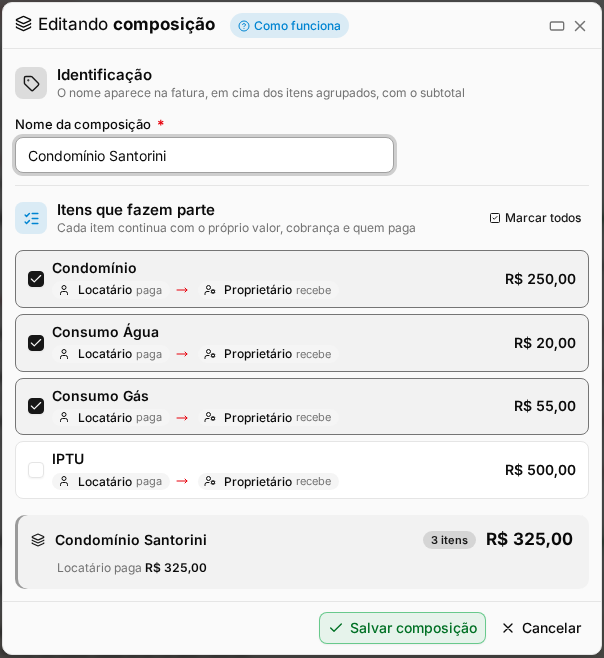 Janela da composição com os itens, quem paga e quem recebe, e a prévia do total