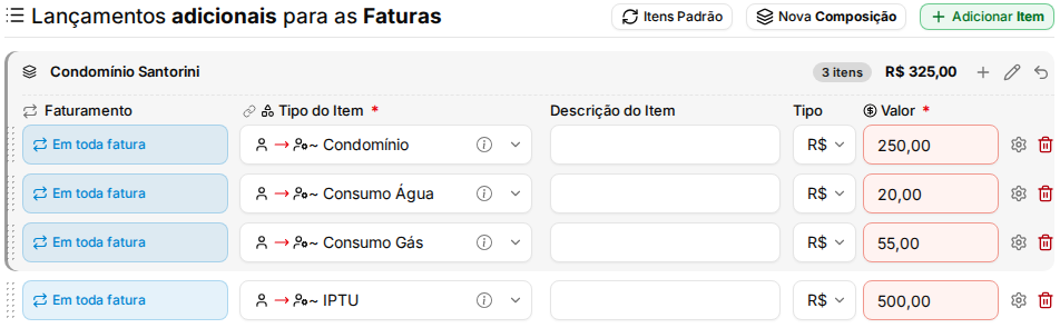 Itens adicionais com o bloco da composição e o total no cabeçalho