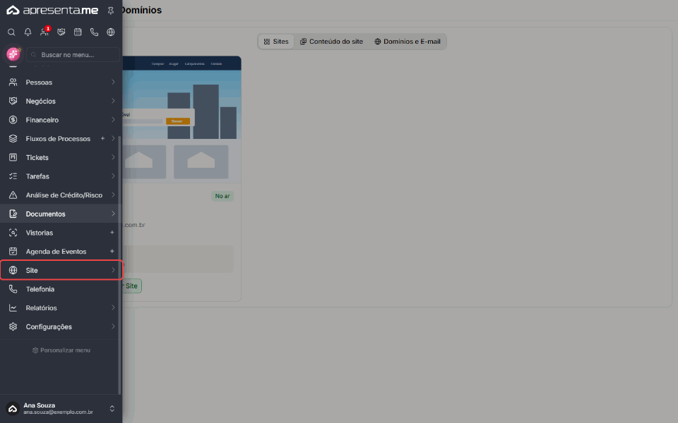 Caminho no menu: Site e depois Sites, abrindo a tela Sites e Domínios