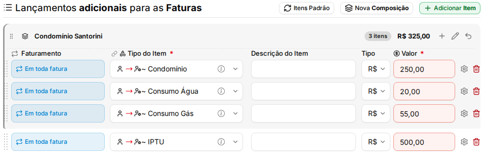 Itens adicionais com o bloco da composição e o total no cabeçalho