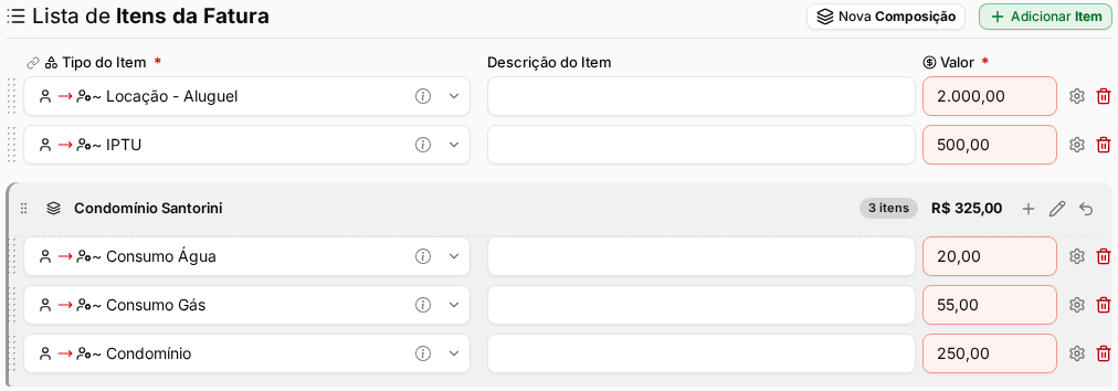 Lista de itens da fatura com o botão Nova Composição e o bloco da composição