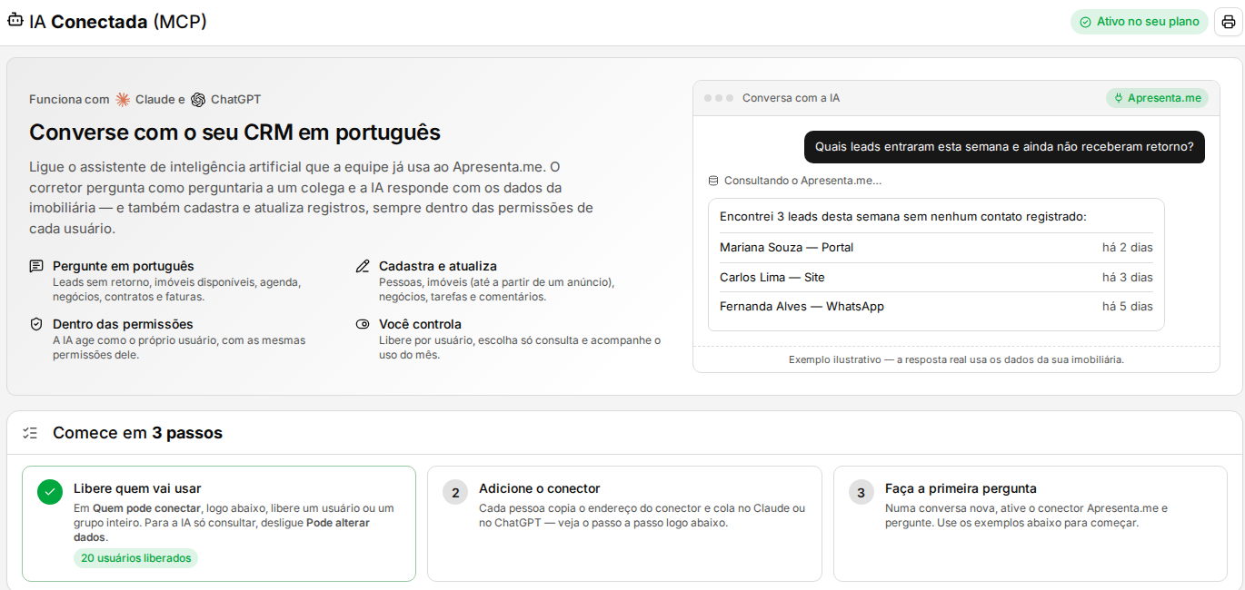 Tela IA Conectada com a apresentação Converse com o seu CRM em português, uma conversa de exemplo e o quadro Comece em 3 passos