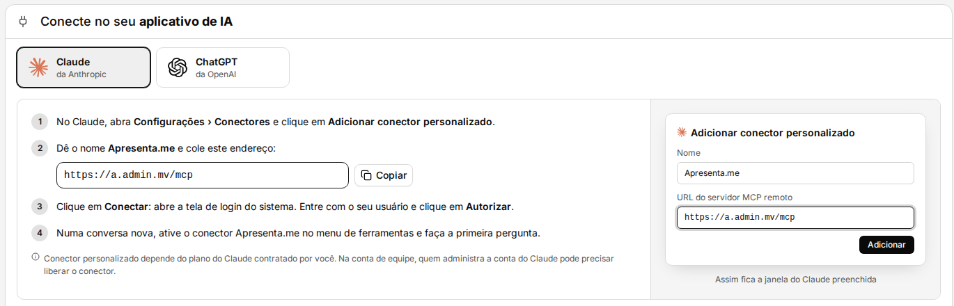 Aba Claude com o passo a passo, o endereço do conector e o exemplo da janela do Claude preenchida
