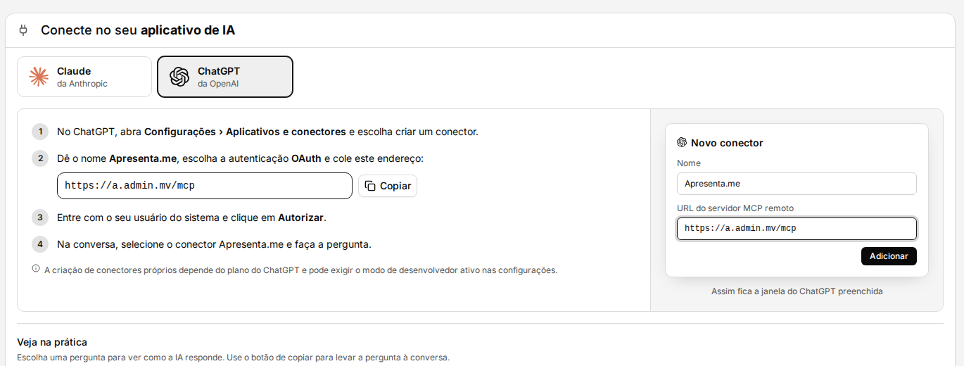 Aba ChatGPT com o passo a passo e o endereço do conector